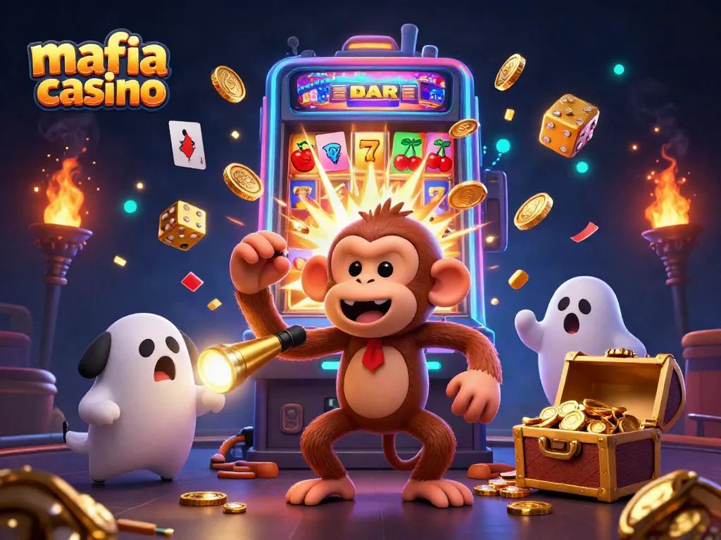 Mafia Casino illustration with a mischievous monkey juggling coins and a ghost-hunter puppy tracking it in a lively casino scene.