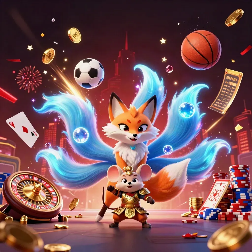 Volpe a nove code e topo samurai tra monete, carte e luci neon in stile casino.