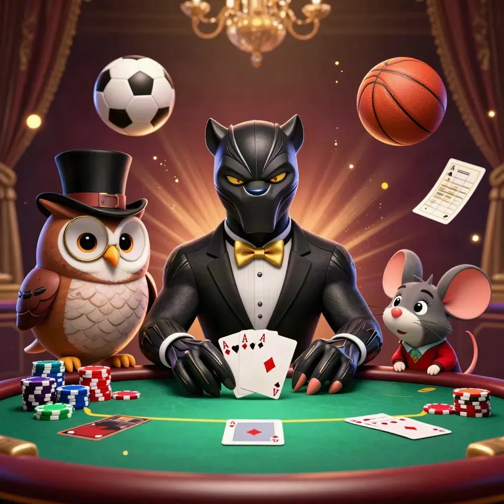 Pantera, gufo e topo al tavolo da poker con fiches, carte, pallone e pallacanestro volanti.