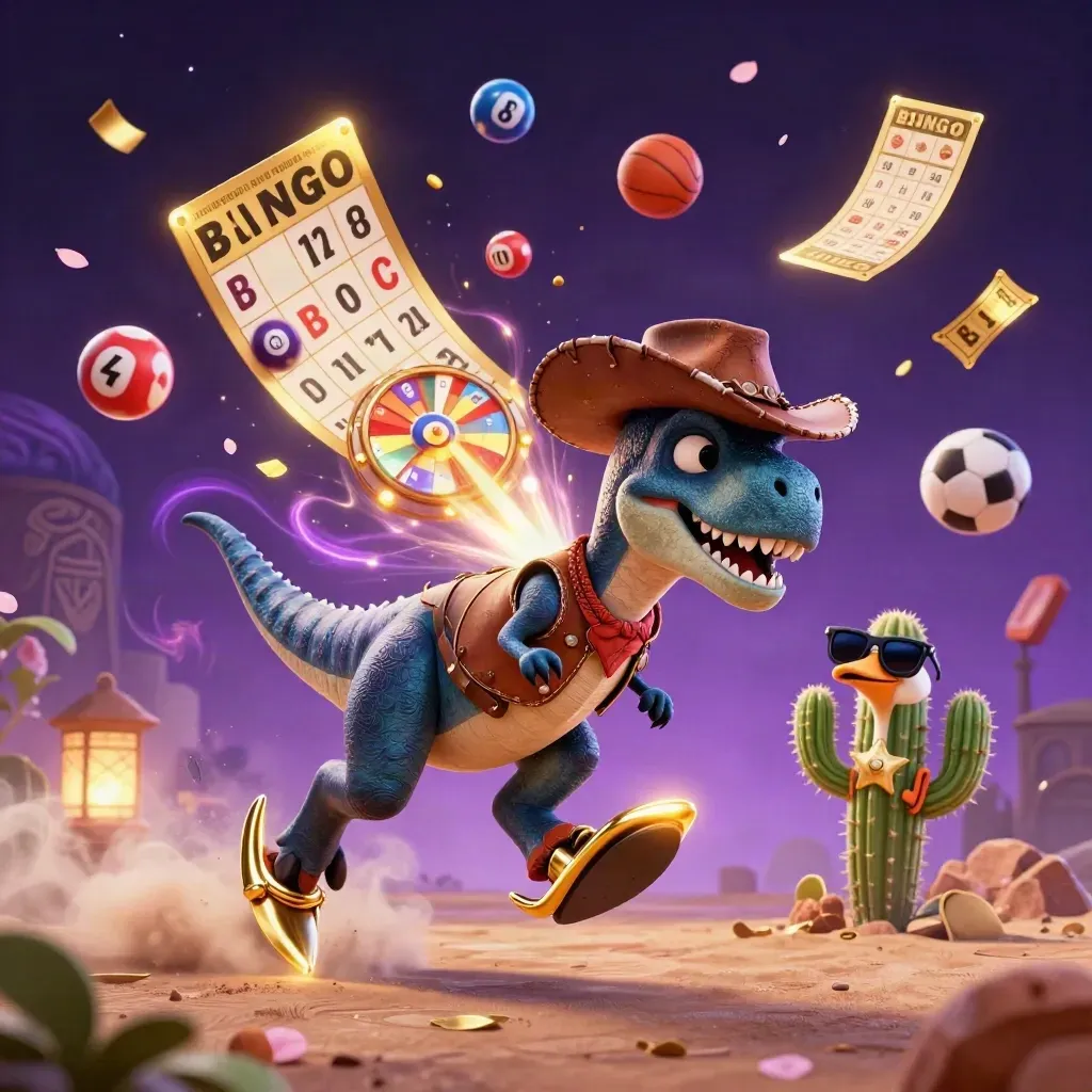 T-Rex cowboy, cactus e roadrunner tra palline bingo e ruota premio, su sfondo viola stellato