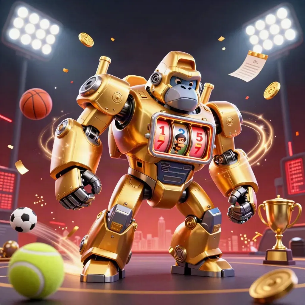 Gorilla mech d’oro con rulli, palloni e scintille in scena casino sportiva.