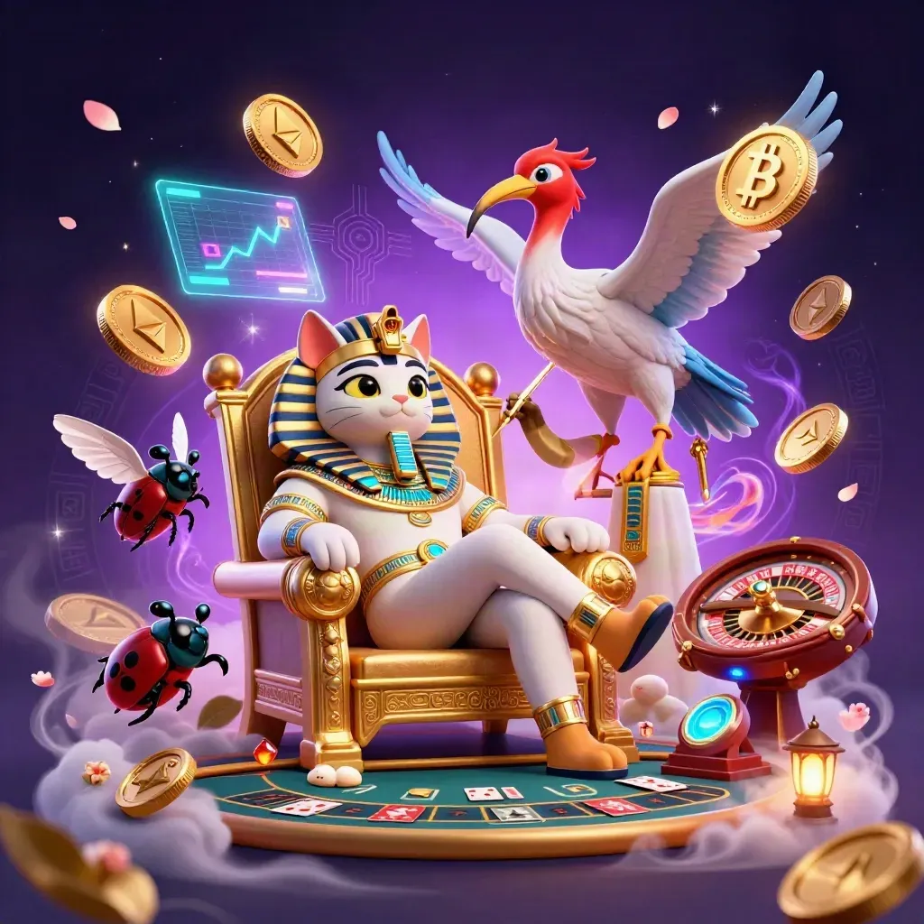 Gatto faraone su trono con ibis e scarabei, tra monete crypto, ruota e carte luminose.