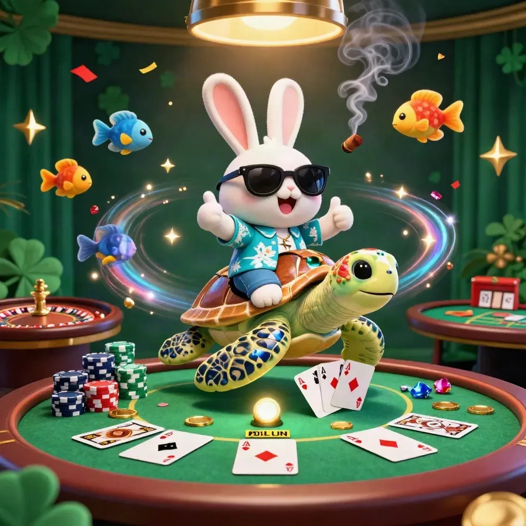 Coniglio 3D su tartaruga d'oro tra carte, fiches, ruota e luci da casinò.
