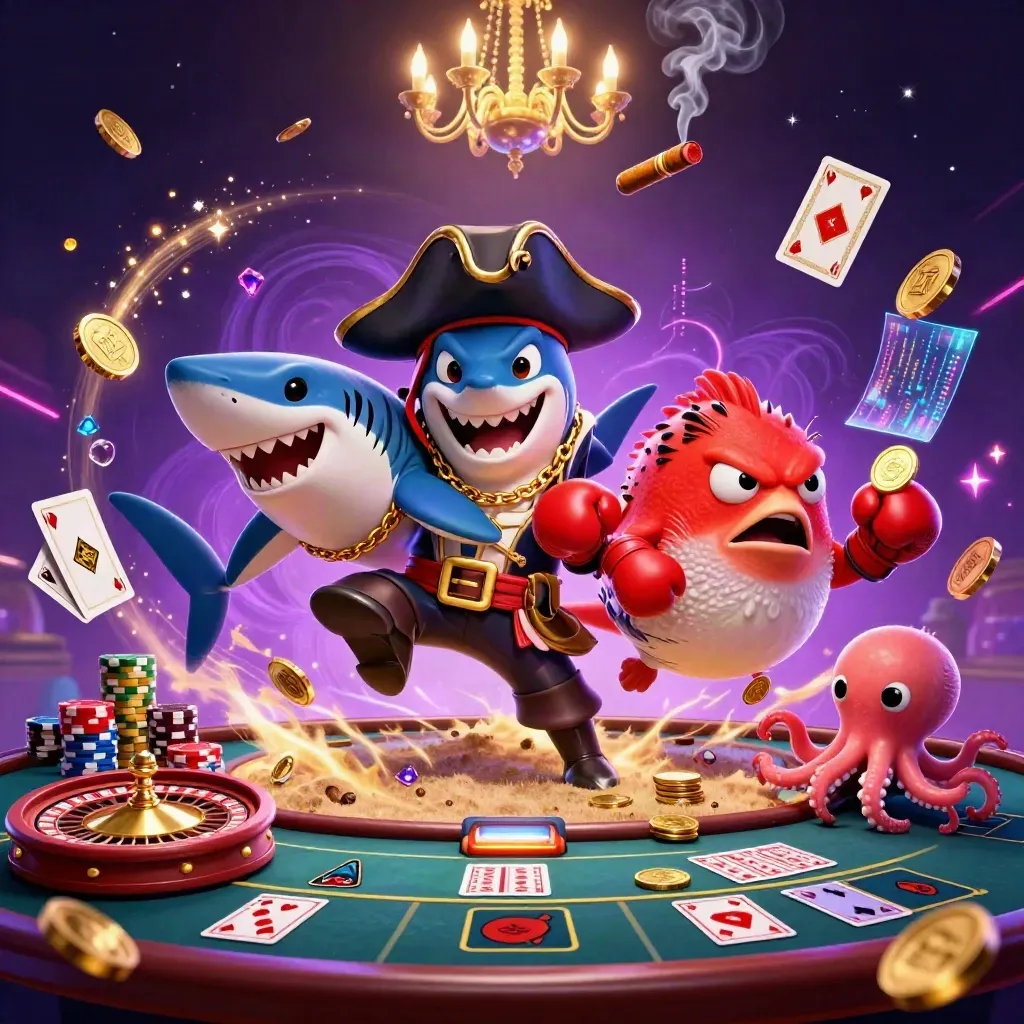 Squalo pirata, pesce palla e polpo tra monete e luci da casino