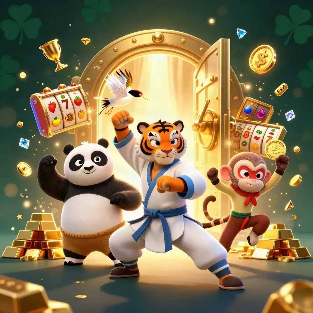 Tigre maestro, panda e scimmia tra una cassaforte d'oro e gemme scintillanti