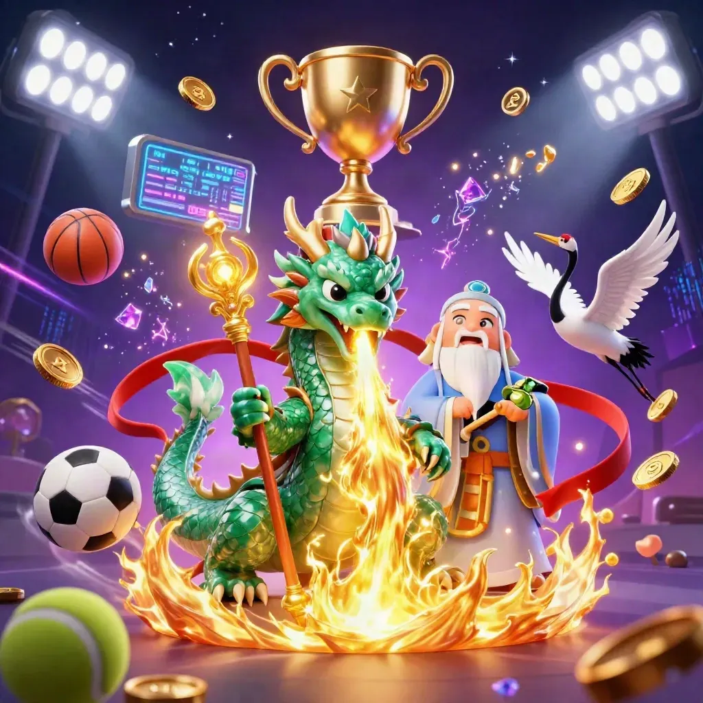 Drago di giada, tartaruga saggia e gru tra oro, sfere sportive e luci neon.
