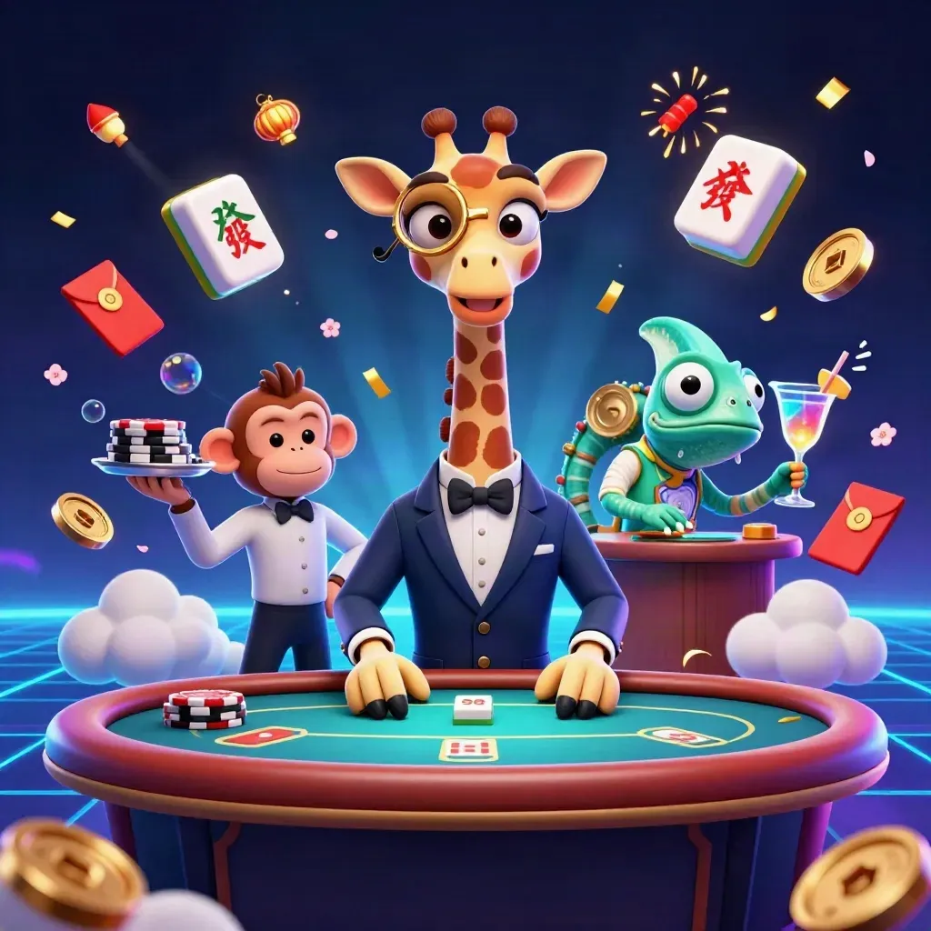 Giraffa elegante, scimmia e camaleonte tra fiches, lanterne e monete blu neon.