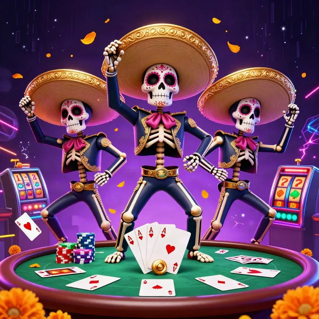 Trio di scheletri mariachi danzanti tra carte, fiches e luci al neon