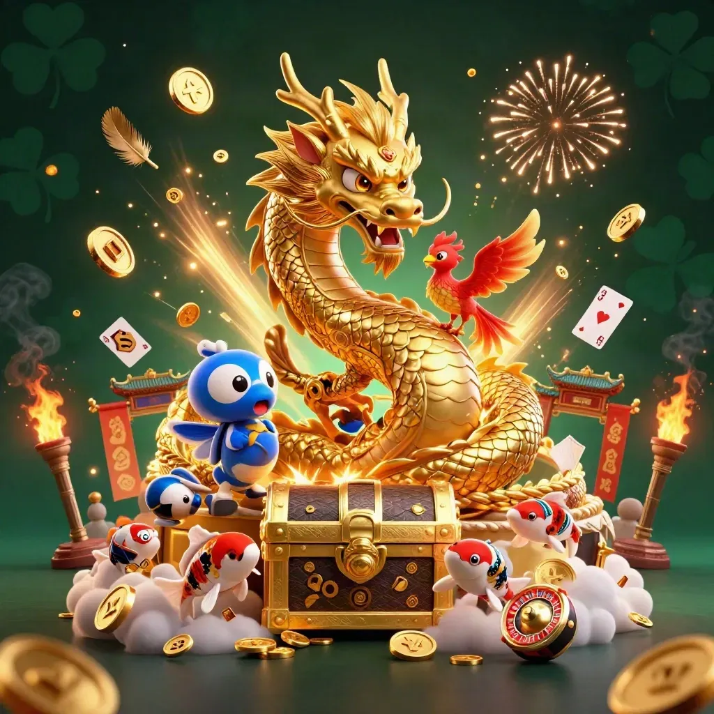 Drago dorato e fenice tra monete, fuochi d’artificio e simboli da casinò