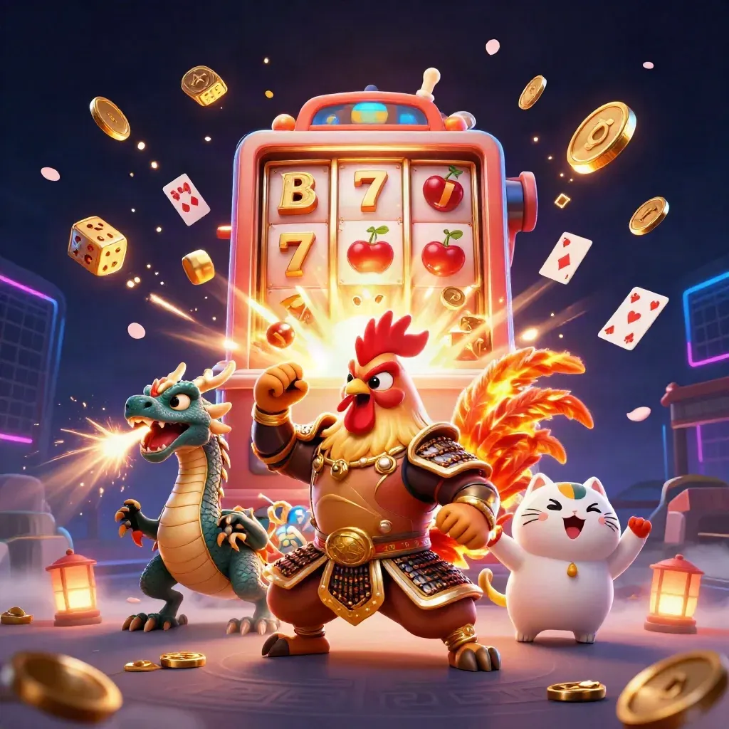 Gallo guerriero, draghetto e gatto fortuna tra jackpot, monete e fuochi su sfondo neon
