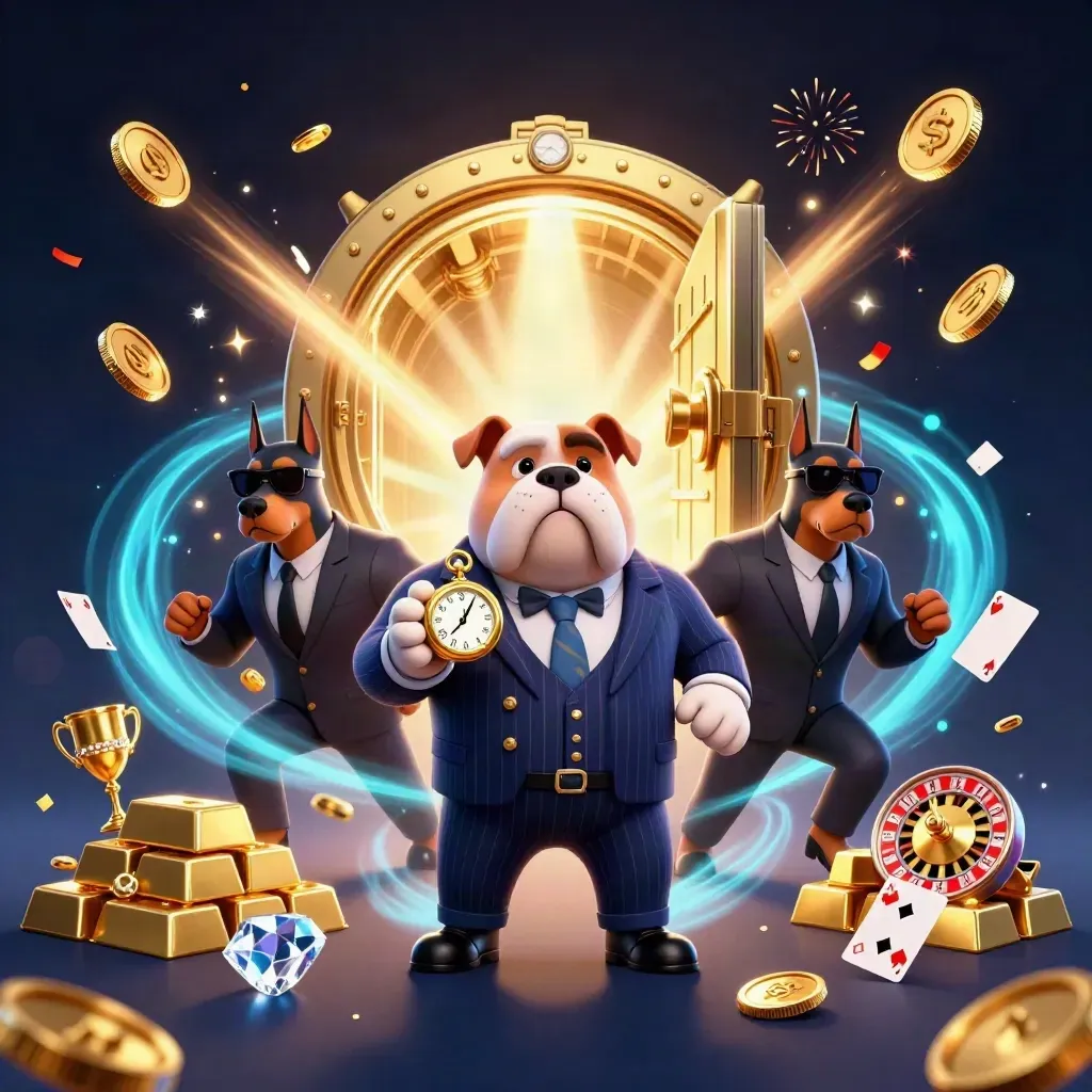 Bulldog boss e due doberman tra vault d’oro, monete, fuochi e scintille