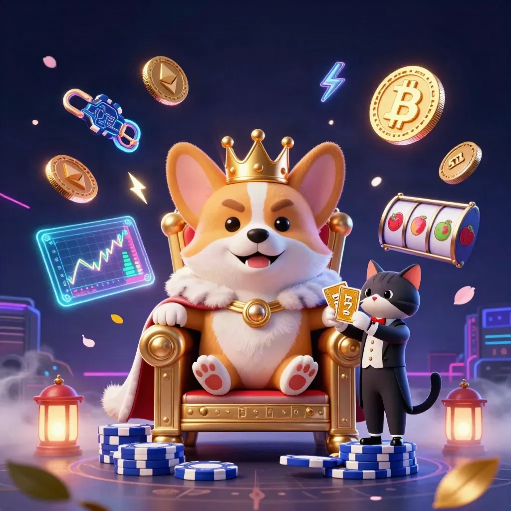 Corgi reale e gatto maggiordomo tra monete crypto, slot e luci neon su sfondo marino scuro