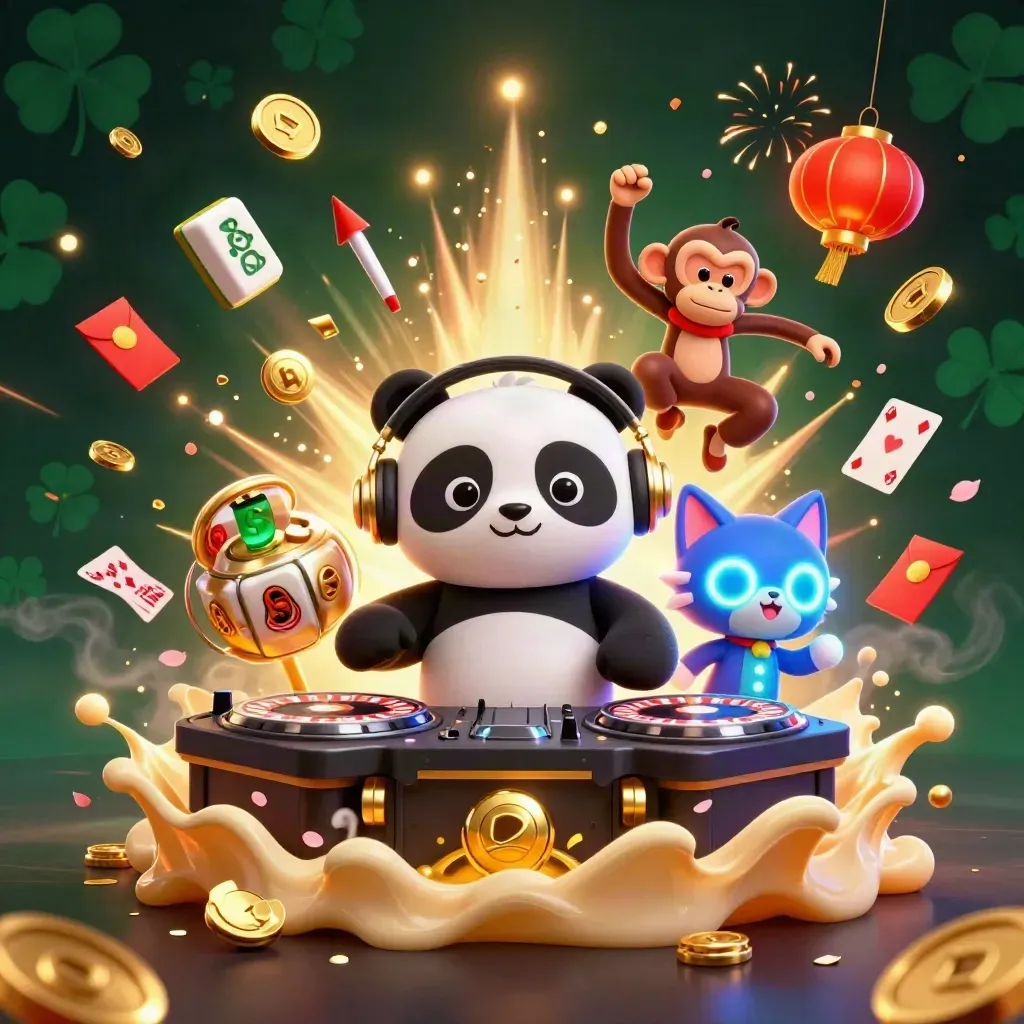Panda DJ, scimmia e gattino glow-stick tra monete d’oro, lanterne e fuochi d’artificio.