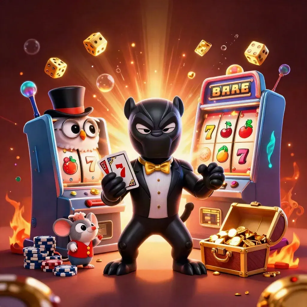 Pantera, gufo e topo al casinò con slot, fiches e monete d’oro in stile luxury.