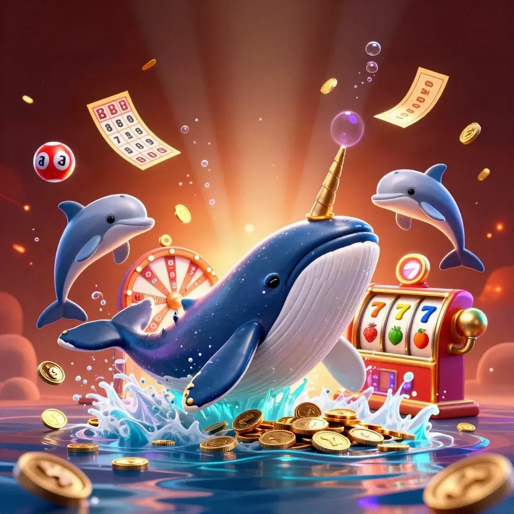Balena capitano, narvalo e delfini tra monete, dadi, slot e bagliori marini.