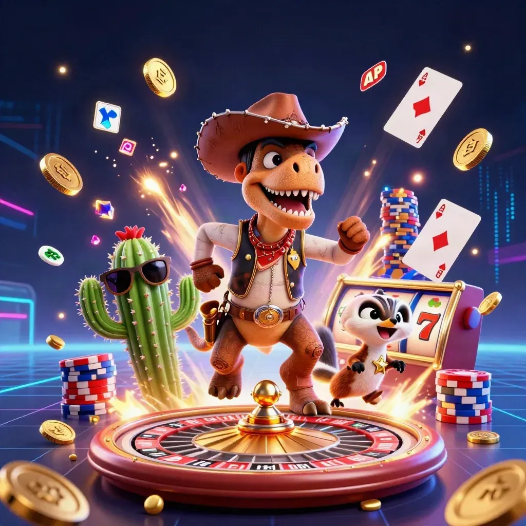 T-Rex cowboy, cactus e roadrunner in stile casino, con fiches, carte e ruota roulette