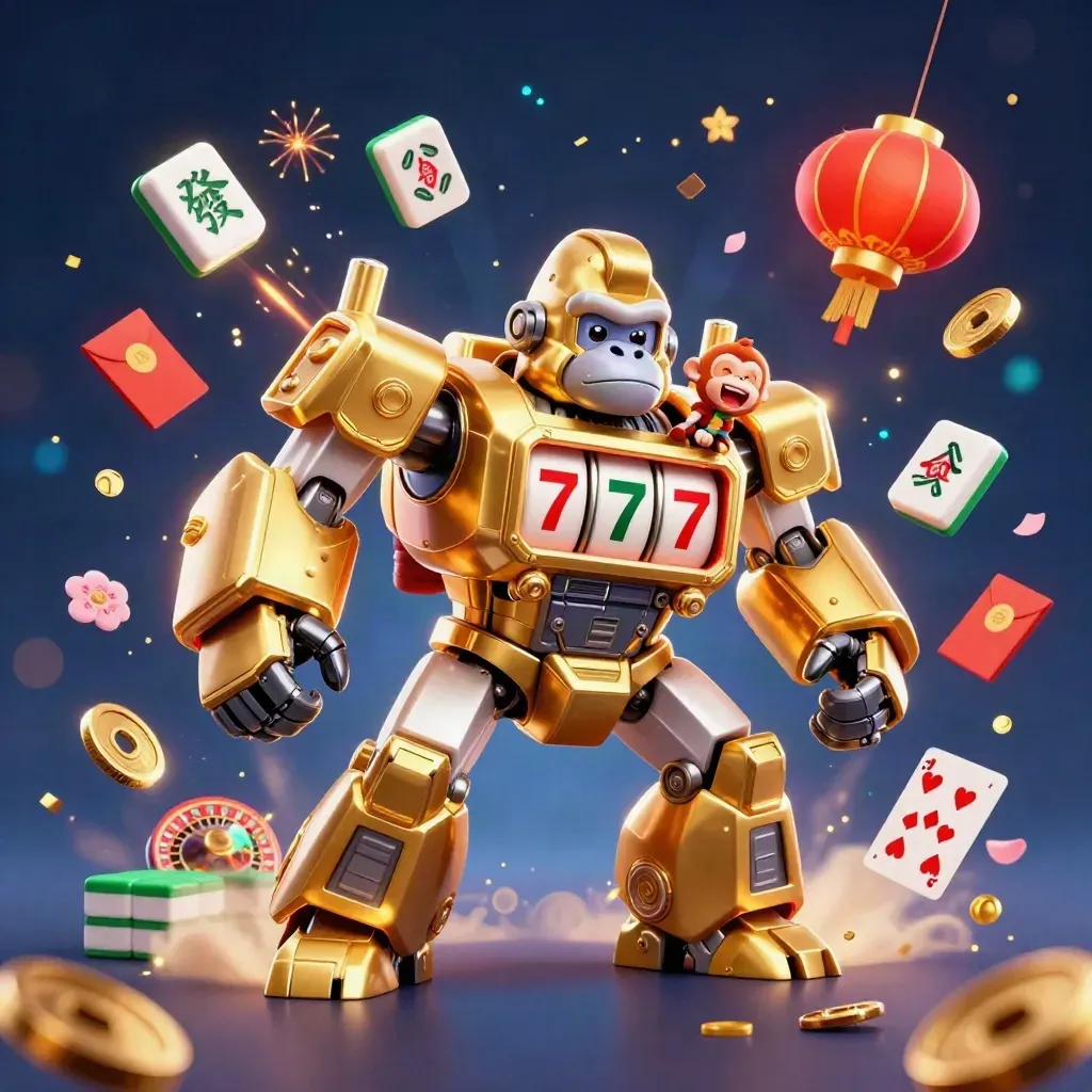 Gorilla mech dorato con monito pilota, dadi e simboli casino in stile key art