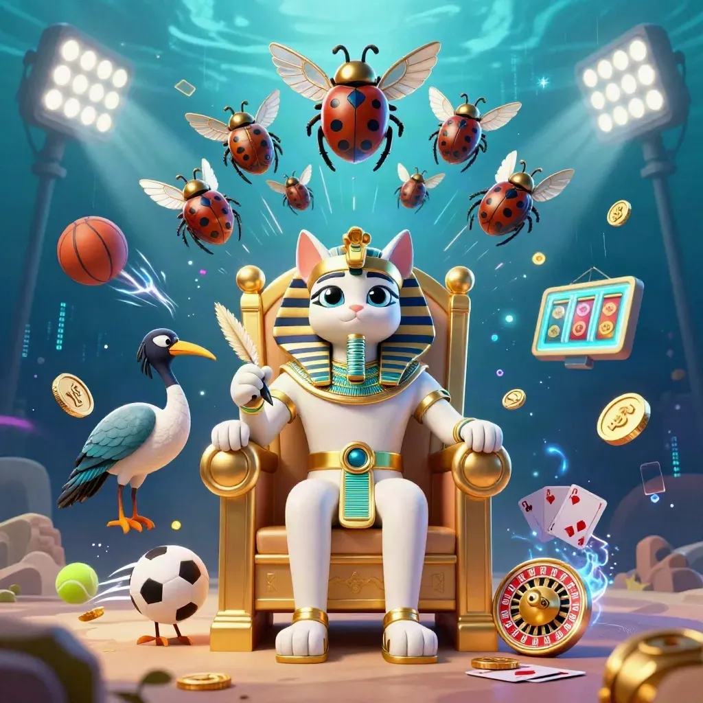 Gatto faraone 3D su trono d’oro, ibis scriba e scarabei tra trofei, monete e luci neon.